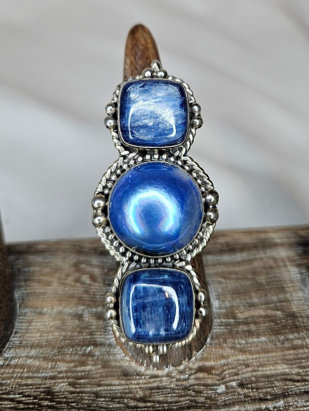 Artisan Natural Blue Kyanite & Pearl Multi-Stone Boho Ring NWT 7